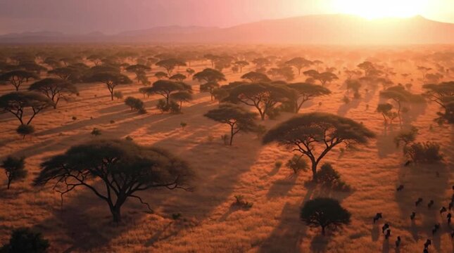 Aerial view of a savannah at sunset with acacia trees casting long shadows on the dry grassland suitable for wildlife or travel themes in warm orange hues.