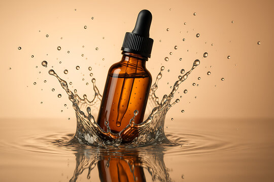 Amber glass dropper bottle splashing into clear water, skincare serum and essential oil product concept, cosmetic packaging design with dynamic liquid motion, clean beauty and natural wellness product