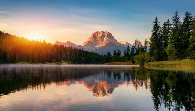 majestic mountain reflected in tranquil lake at sunrise - Powered by Adobe