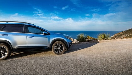 Obraz premium new suv blue color with black details and white the car is parked on an open road overlooking sea