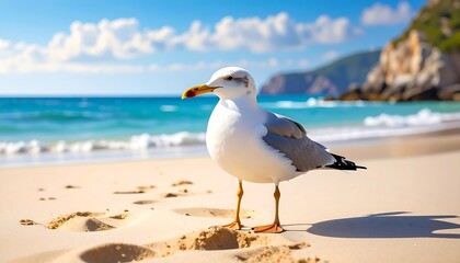 A seagull stands on a sandy beach, with ocean waves lapping the shore. Hills are in the background. Bright sunshine and a clear blue sky