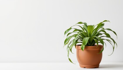 Fototapeta premium Lush Green Plant in Terra Cotta Pot Against Minimalist White Background for Modern Decor