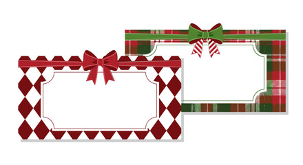 Two festive Christmas frames with bow accents, featuring bold red harlequin and cozy plaid patterns, perfect for holiday cards, printable tags, and festive decorations, isolated on white background