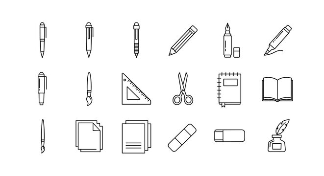 A collection of clean, minimalist line art icons representing various writing and drawing tools, including pens, pencils, markers, paintbrushes, scissors, rulers, erasers, notebooks, open books, and
