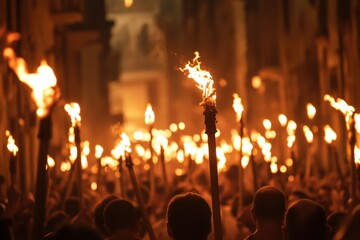 Torches ablaze in the night: A vibrant scene of numerous lit torches illuminate a grand night gathering, casting flickering shadows against the backdrop of an old town square.