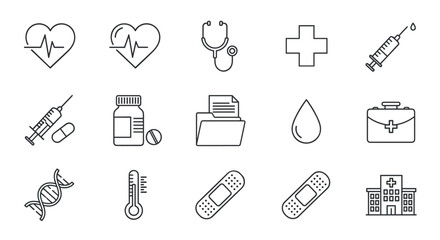 A comprehensive collection of flat line icons representing various medical and healthcare elements, including a heartbeat monitor, stethoscope, syringe, pills, DNA strand, thermometer, bandages