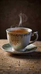 Tea in a delicate porcelain teacup on rustic surface
