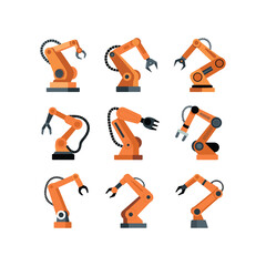 Collection of nine flat design orange industrial robotic arms with grippers and segmented cables on white background.