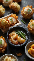 Crisp golden tempura with a variety of toppings and dipping sauce
