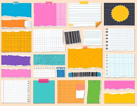 Collection of assorted colorful torn paper, gridded paper, and sticky notes - Powered by Adobe