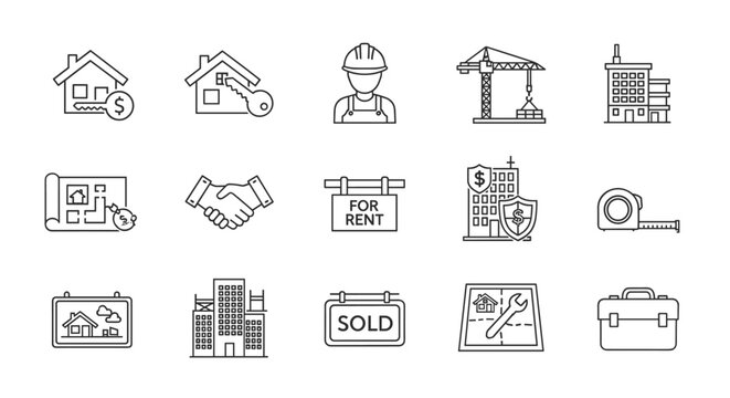 Real Estate and Construction Line Icons Set: A comprehensive collection of outline icons representing the purchase and sale of housing, featuring elements like a builder, crane, rental signs