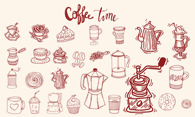 Hand drawn coffee chalk vector illustrations. Minimalist line art. Vector illustration of coffee icons crayon drawing style. Illustration for invitations, menus design, social media. La dolce vita