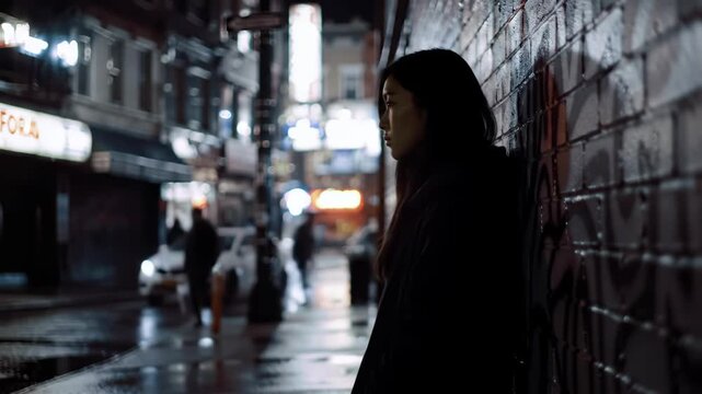 Woman leans against brick wall in rainy street, night scene depicts contemplation, used for mood