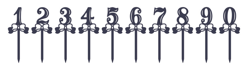Vector laser cut template of number cake toppers with bows. Numbers 0, 1, 2, 3, 4, 5, 6, 7, 8, 9. For party, birthday, anniversary, jubilee. Suitable for wood, acrylic, plastic cutting. Silhouette cnc