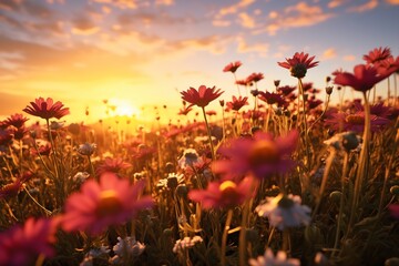 Obraz premium Vibrant Wildflowers in a Sunset Meadow