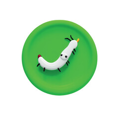 A cute cartoon white grub with black legs and antennae on a vibrant green circular background.
