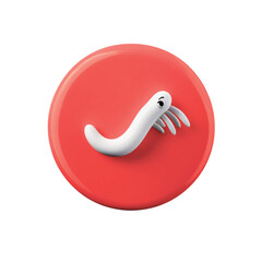 A 3D rendered cartoon illustration of a white worm-like creature with small arms on a red circular background.