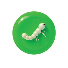 A close-up illustration of a mosquito larva with a segmented body and thin legs, floating in a vibrant green liquid.
