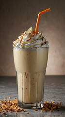 Tasty vanilla milkshake with whipped cream and caramel