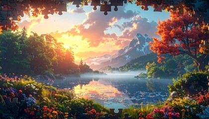 Stunning digital art depicts a vibrant landscape of a lake, mountains, and sunrise, framed by puzzle pieces. Vivid colors and serene atmosphere