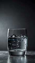 Fresh chilled water in a clear glass with ice cubes and bubbles