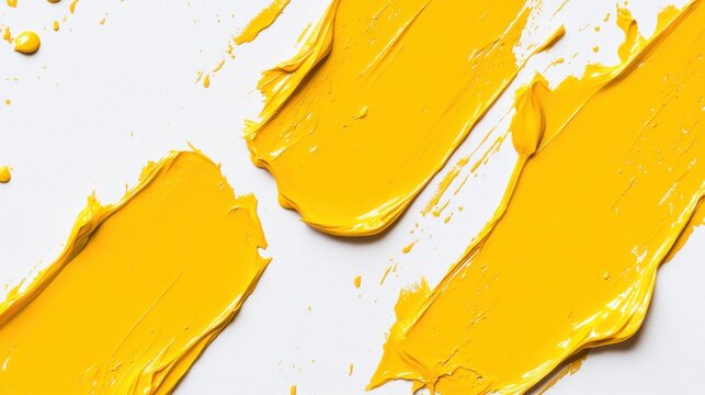 Bright yellow paint strokes on a clean white surface in a studio setting