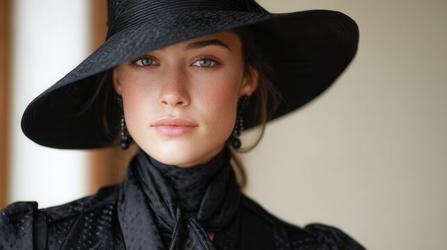 A close-up portrait of a woman wearing a stylish black hat and scarf, showcasing elegance and sophistication in a soft, neutral setting.