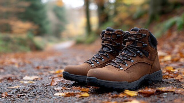 A pair of brown hiking boots placed on a forest trail covered with autumn leaves. Ideal for outdoor and adventure themes.