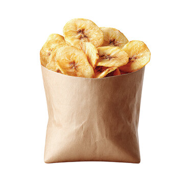 Dried banana chips isolated PNG die-cut, natural snack in brown paper bag, crispy banana slice texture, dried banana chips for food packaging design, snack branding and product advertising