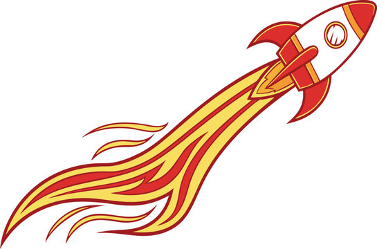 Cartoon rocket ship soaring upwards with bright flames on a white background