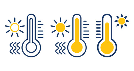 Stylized thermometers with rising yellow fill and heat wave icons symbolizing increasing temperature, global warming, and climate change