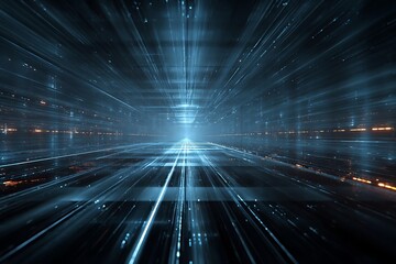 Explore the futuristic data stream, a journey through digital space with dynamic light trails leading to infinite possibilities for technology concepts