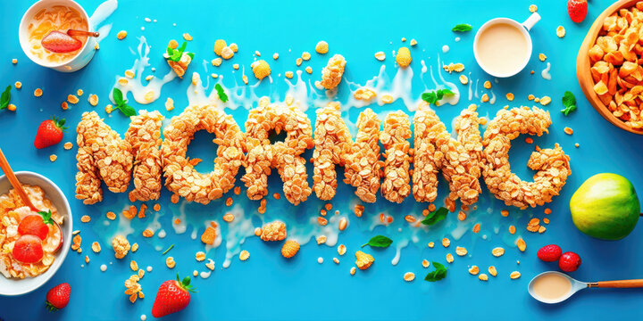 Morning cereal breakfast concept with strawberries and milk