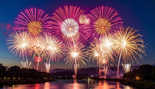 Stunning fireworks display over a calm river at dusk. Bursting with vibrant colors against a darkening sky. Trees line the riverbank