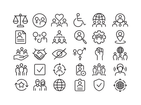 Diversity, Equity, and Inclusion (DEI) Line Icon Set. Social Justice, Human Rights, and Equality Editable Vector Icons.