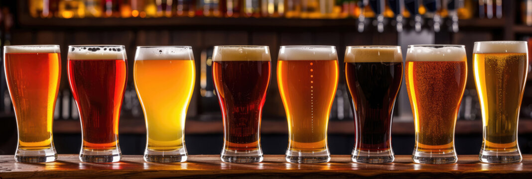 Various craft beer glasses arranged on bar counter