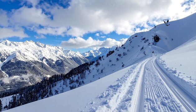 Snowy mountain range under a partially cloudy sky. A groomed ski trail winds down the slope towards a valley with trees and additional snow-capped peaks - Powered by Adobe