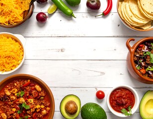 Colorful assortment of fresh food, including chili, nachos, and various vegetables