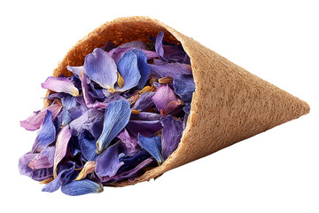 Dried flower petals cone PNG die-cut isolated on transparent background, natural purple potpourri petals for spa, wedding, and eco branding design, premium romantic floral concept