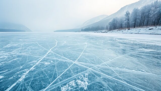Frozen lake with snow-covered mountains in a serene winter landscape. - Powered by Adobe