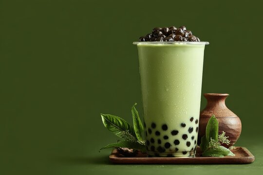 Refreshing matcha bubble tea with tapioca pearls in a clear cup on a wooden tray evokes a delicious trendy beverage against a green backdrop