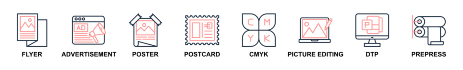 Banner web of Print icons vector illustration. Concept of flyer, advertisement, poster, postcard, cmyk, picture editing, dtp and prepress. Simple line color vector illustration.