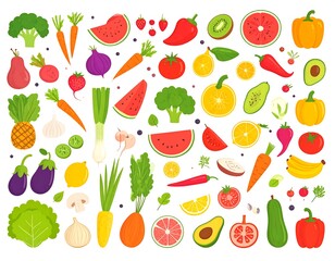 Colorful assortment of fresh, healthy vegetables and fruits arranged on a white background (1)