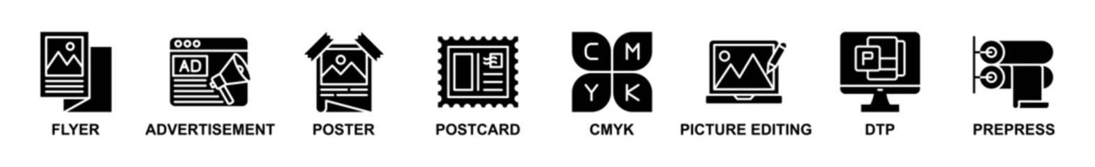 Banner web of Print icons vector illustration. Concept of flyer, advertisement, poster, postcard, cmyk, picture editing, dtp and prepress. Simple glyph vector illustration.