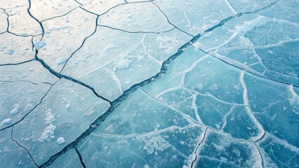 Naklejka premium Cracked ice surface with blue tones and intricate patterns.