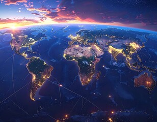 Stunning illuminated globe at twilight, showing continents and oceans, with glowing city lights. The sun sets, and a network connects the globe