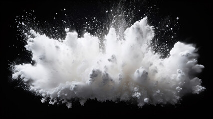 White powder explosion creating strong blast on black background