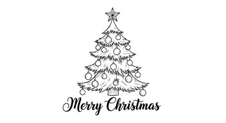 Black and white illustration of a decorated Christmas tree with a star on top and the words Merry Christmas.