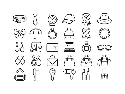 Fashion Accessories Line Icon Set. Editable Stroke Vector Icons for Women and Men Items: Jewelry, Clothing, Bags, and Digital Gadgets.