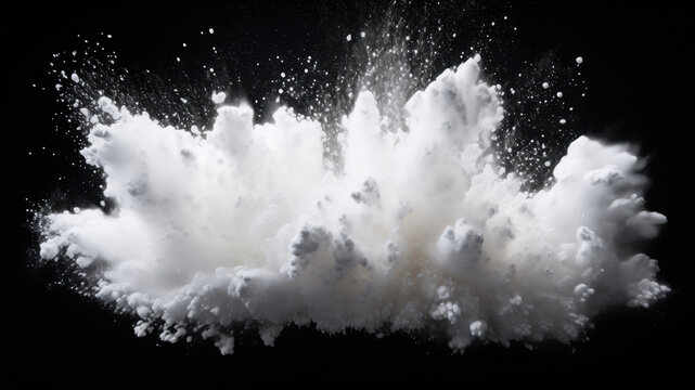 White powder explosion creating strong blast on black background